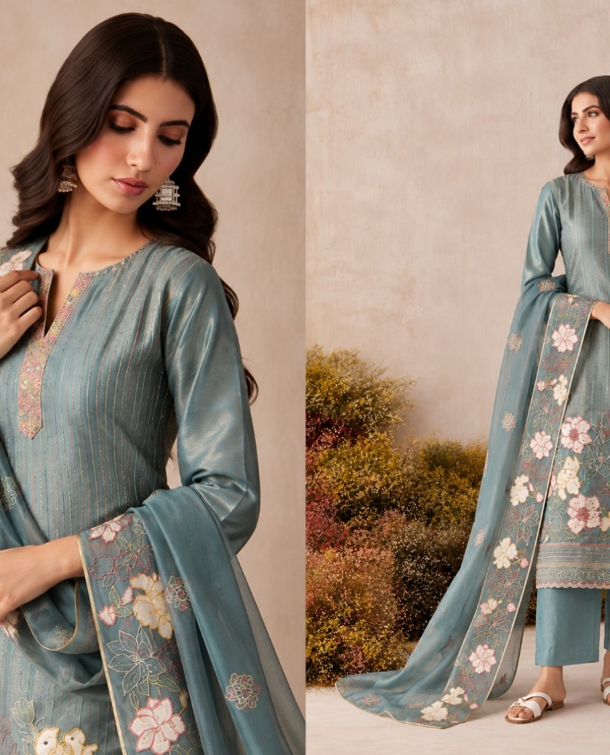 7116 - Aqua Blue Shimmer Embroidered Work Pant Style Suit